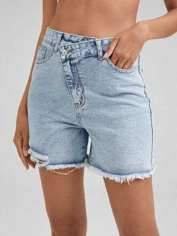 Asymmetrical High Waist Pocket Frayed Edge Denim Shorts 