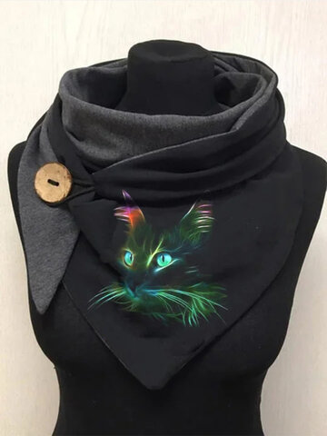 Women Cat Pattern Solid Color Soft Scarf