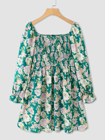 Flower Shirred Square Collar Dress
