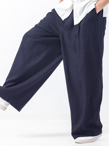 Cotton Solid Elastic Waist Wide Leg Pants