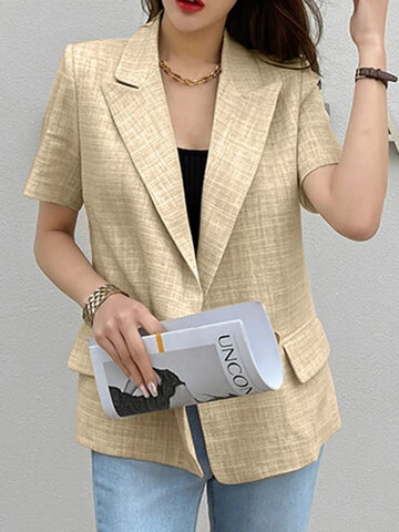Short Sleeve Button Front Lapel Casual Blazer For Women 