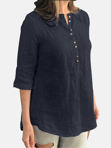 Cotton Solid Button Casual Blouse