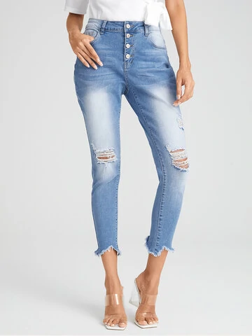Ripped Washed Button Fly Pencil Jeans With Pocket   