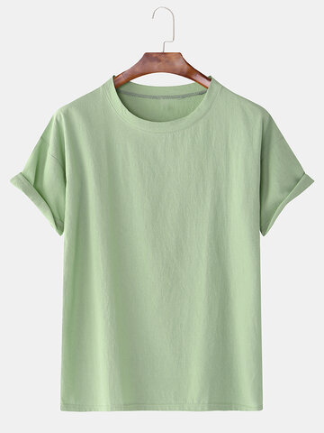 Cotton Linen 8 Colors Solid Round Neck Casual T-Shirt