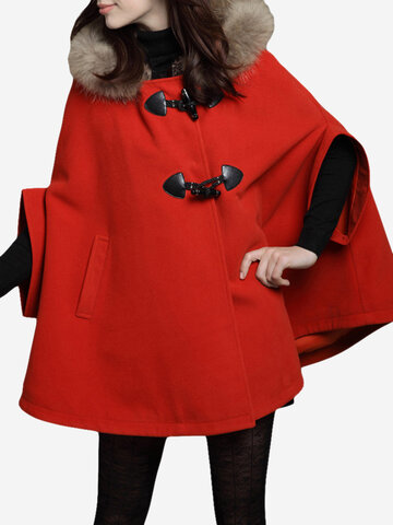 

Woolen Cloak Hooded Plush Shawl Coat, Khaki red