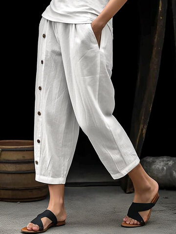 Solid Button Design Cotton Pants