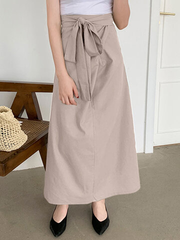 Solid Tie Waist Slit A-line Skirt