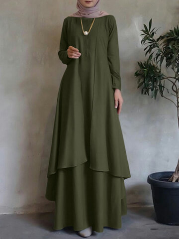 Solid Layered Design Muslim Dress