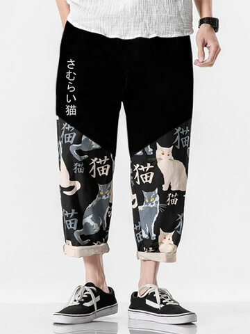 Japanese Cat Patchwork Cropped Pants