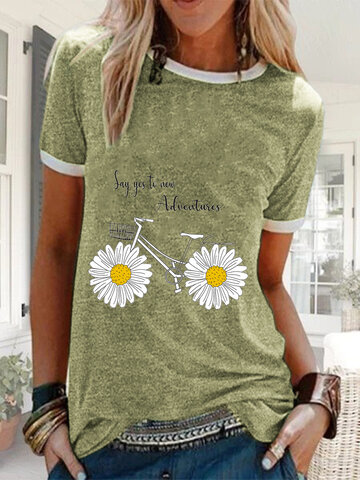 Daisy Floral Bike Letter Printed Short Sleeve Casual T-shirt