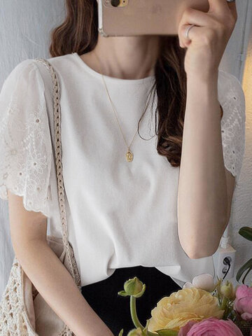 Lace Ruffle Sleeve Solid Blouse