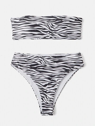 Women Bandeau Strapless Leopard Zebra Print Bikinis Sexy Thong Swimsuit 