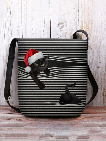 Felt Christmas Hat Cat Print Striped Crossbody Bag Shoulder Bag
