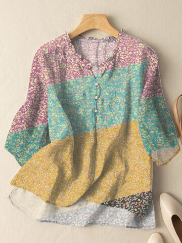 Ditsy Floral Patchwork Frill Neck Blouse