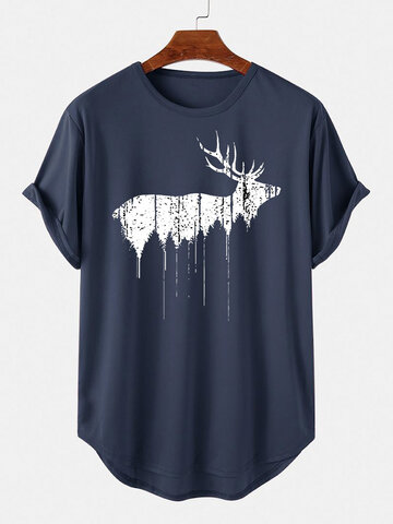 Reindeer Print Curved Hem T-Shirts