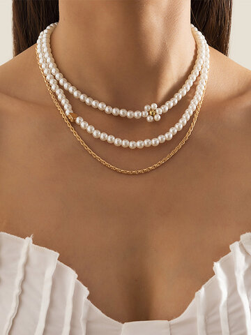 3 Pcs Daisy Pearl Beaded Necklace Set