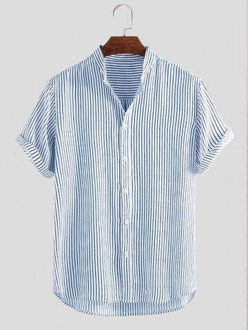 Mens Striped Stand Collar Loose Shirts