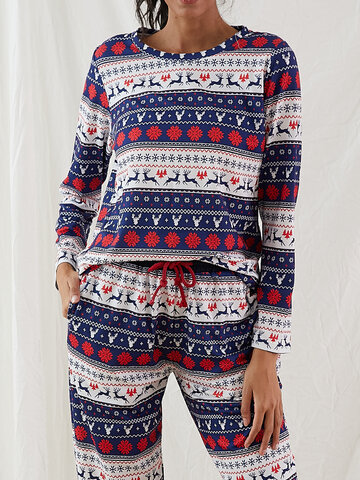 Christmas Plus Size Snowflake Elk Printed Comfy Pajamas