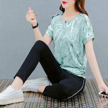 

Casual Sportswear Suit Female Season New Loose Short-sleeved Nine-point Pants Large Size Was Thin Two-piece