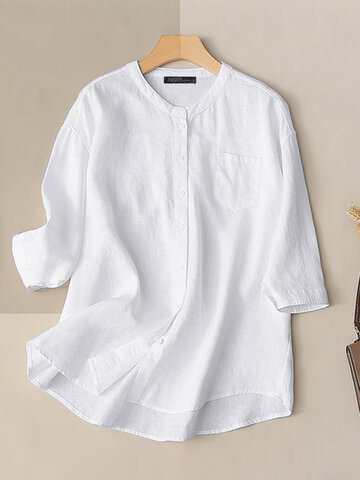 Solid 3/4 Sleeve Pocket Button Blouse