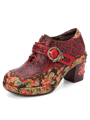 Socofy Retro Floral Chunky Heel Mule Shoes