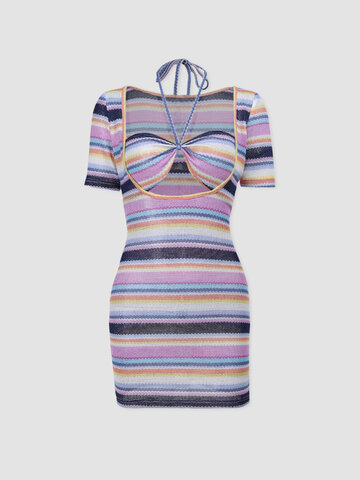 Multi-Striped Print Hollow-out Knotted Dress