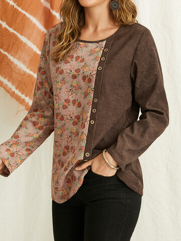 Floral Print Patchwork Button O-neck Long Sleeve Casual Blouse