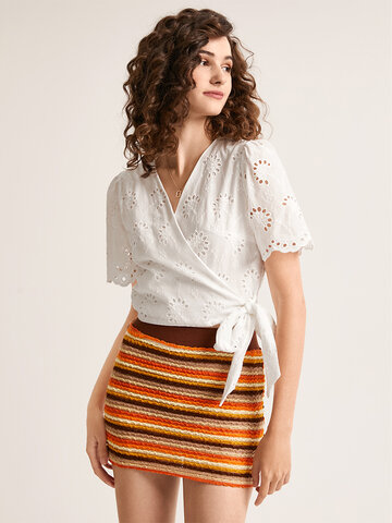 Solid Hollow Tie Bohemian Blouse