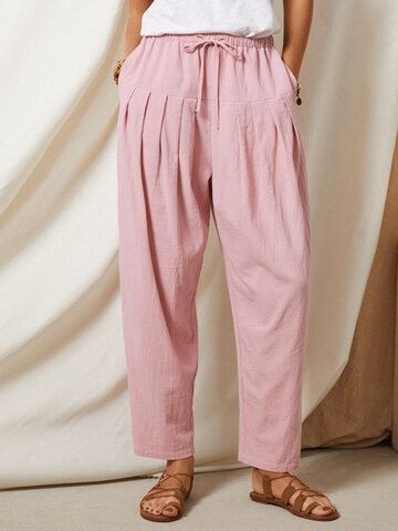 Solid Color Pleated Drawstring Pants