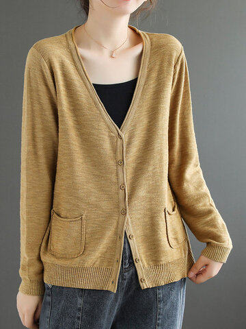 Solid Pocket Button V-neck Long Sleeve Knitted Cardigan