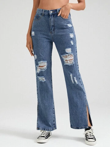 High Waist Ripped Pocket Double Slit Hem Denim Jeans   