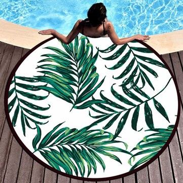 

Women Round Sunscreen Beach Towel Seaside Vacation Sunbath Yoga Mat Green Leaves Print Shawl