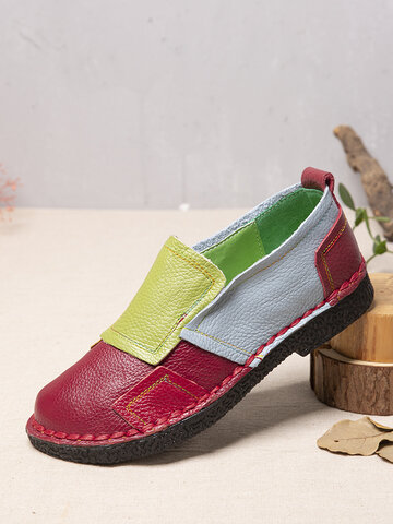 SOCOFY Casual Ethnic Color Block Patchwork Cowhide Leather Loafers