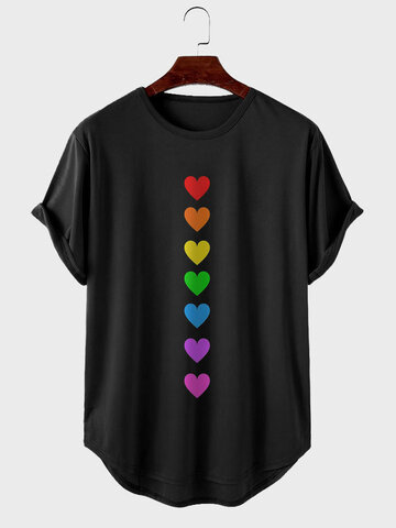 Colorful Hearts Print Curved Hem T-Shirts