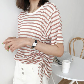 

Homemade Striped Round Neck Drawstring Short-sleeved T-shirt Women's Season New Wild Solid Color