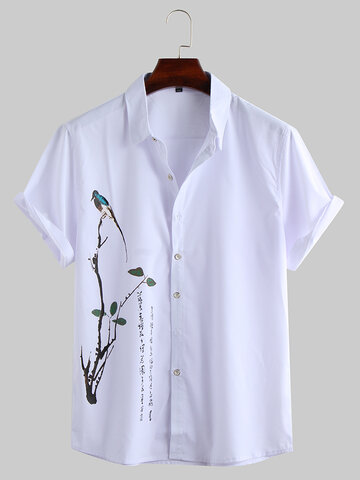 Chinese Painting Print Turndown Collar  Shirt