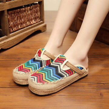 

Rainbow Espadrilles Flax Backless Loafers, Blue coffee white