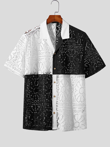 Windowpane Pattern Patchwork Knit Shirt