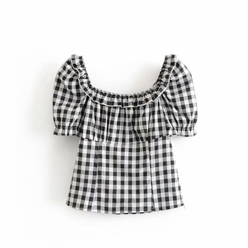 

Ins Blogger With The Same Paragraph Women's 19 Seasons New European And American Fashion Wild Checkered Puff Sleeve Shirt Shirt
