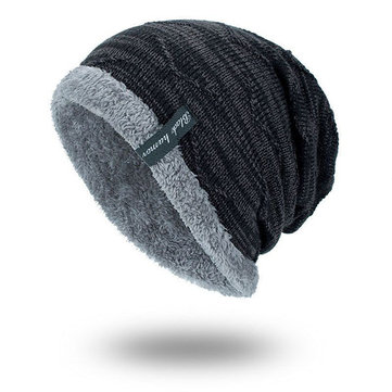 

Mens Solid Color Stripe Knit Plus Velvet Fashion Beanie Hats For Men Outdoor Keep Warm Caps, Khaki black grey wine red navy