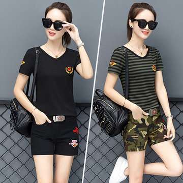 

Season New Female V-neck Short-sleeved Shirt Shorts Suit Sailor Dance Army Fan Costume Outdoor Military Training Camouflage W05
