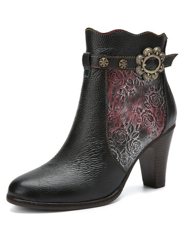 Socofy Leather Floral Buckle Heel Boots