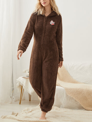 Plus Size Plush Christmas Patched Zip Onesies