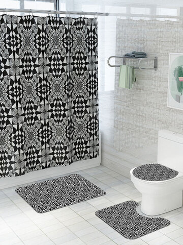 Ensemble de tapis de salle de bain de tapis de sol de rideau de douche de quatre pièces de tapis à motifs noir et blanc