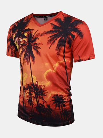 

Mens Summer Creative 3D Dusk Coconut Trees Printed V-neck Short Sleeve Casual T-shirt, Black/red/green