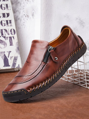 पुरुषों के हाथ सिलाई जिपर स्लिप-ऑन चमड़े के जूते