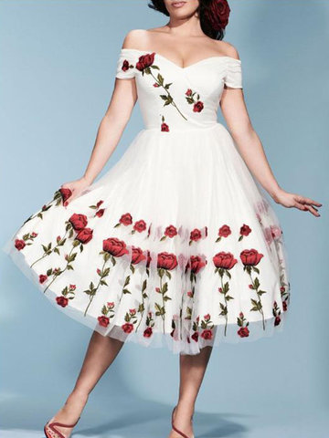 Embroidered Rose Mesh Cocktail Dress