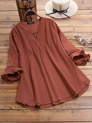 Solid Color Ruffled Sleeve Casual Blouse