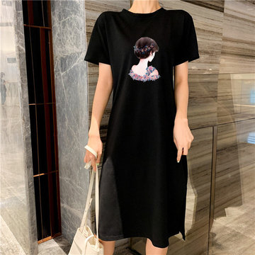 

65/35 Cotton Fat Sister Loose Large Size Loose Short-sleeved Female T-shirt Skirt Long Paragraph Over The Knee Dress