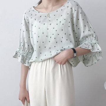 

Polka Dot Ruffled Short-sleeved Shirt Women's Season New Loose Cotton And Linen Casual Shirt 80169